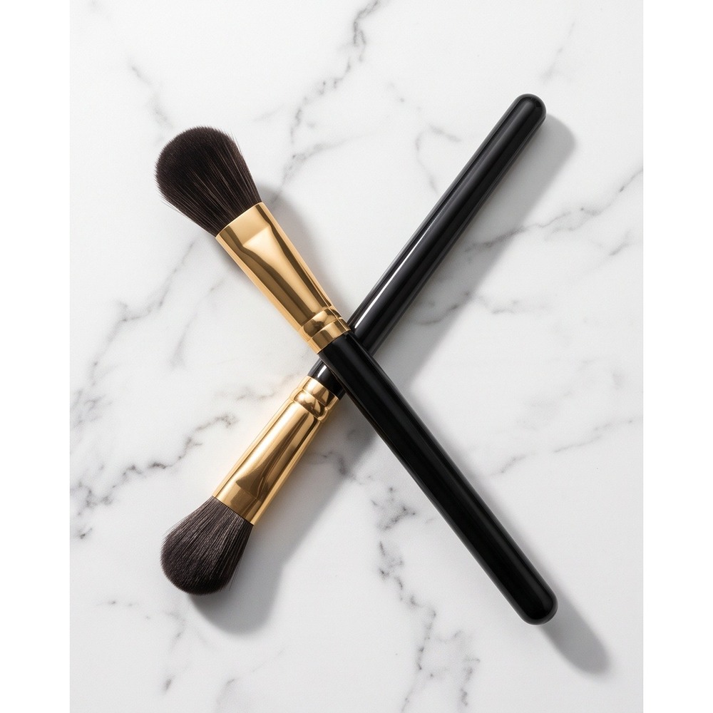 2 Piece Tapered Highlighter Makeup Brush Set Black and Gold NEW
